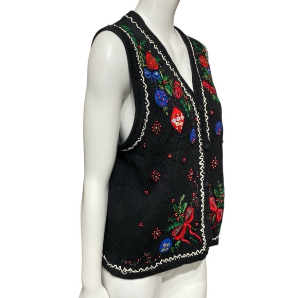 ERIKA Black Embroidered Sequins Ugly Christmas Holiday Vest Sweater Size Large - Picture 6 of 16